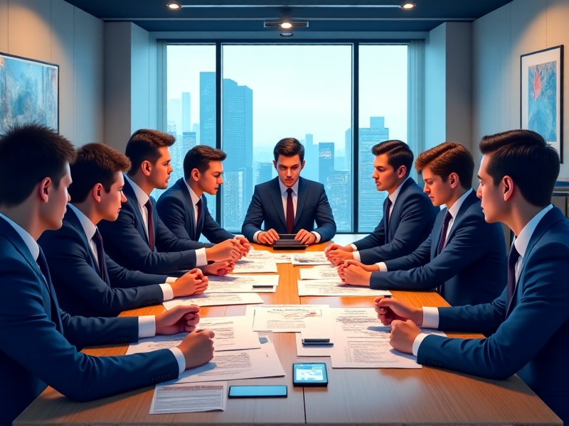 A group of business professionals in a modern office setting, discussing a cryotherapy franchise business plan with laptops and documents on the table, highlighting a collaborative and strategic environment.