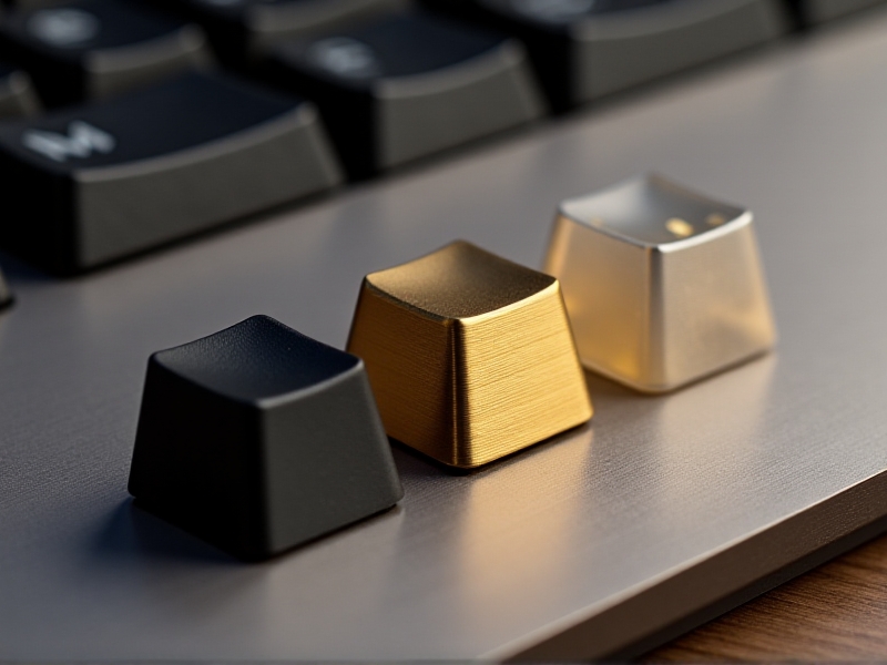A side-by-side comparison of keycap materials, featuring a shiny brass keycap, a matte black PBT plastic keycap, and a translucent ABS plastic keycap, displayed on a sleek, modern desk with soft studio lighting.