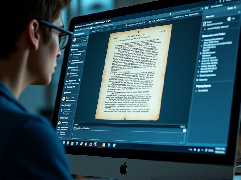 A computer screen displaying OCR software with settings optimized for aged typewritten documents. The interface shows options for increasing tolerance for misaligned characters, handling faded ink, and training the OCR engine. The scanned document on the screen shows slightly faded, misaligned text.