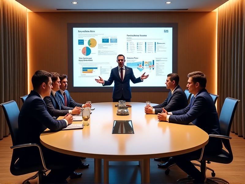 A professional meeting room with a franchise owner presenting a business plan to potential investors. The room is well-lit, with a modern design, and the presentation includes charts and graphs that highlight the franchise’s growth potential and financial projections.