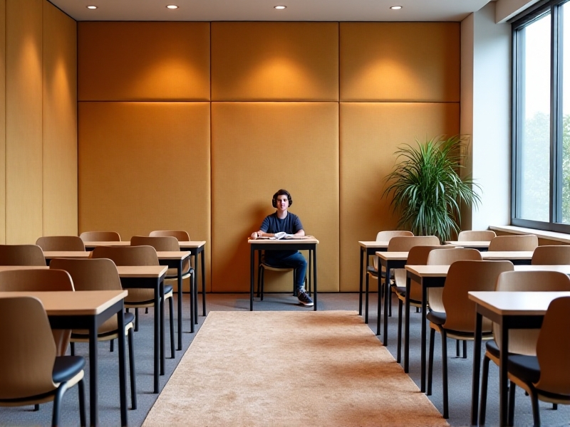 A modern classroom with sound-absorbing panels on the walls, soft rugs on the floor, and cushioned seating. A white noise machine sits on a shelf, and a student is using noise-canceling headphones, highlighting the attention to auditory comfort in the space.
