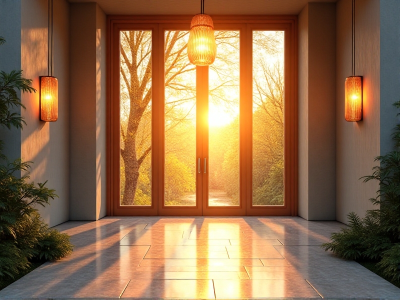 A bright entryway with a large glass door and floor-to-ceiling windows, allowing sunlight to flood the space. The walls are painted in a light gray tone, and a pendant light with a warm glow hangs from the ceiling, creating a cozy yet airy atmosphere.