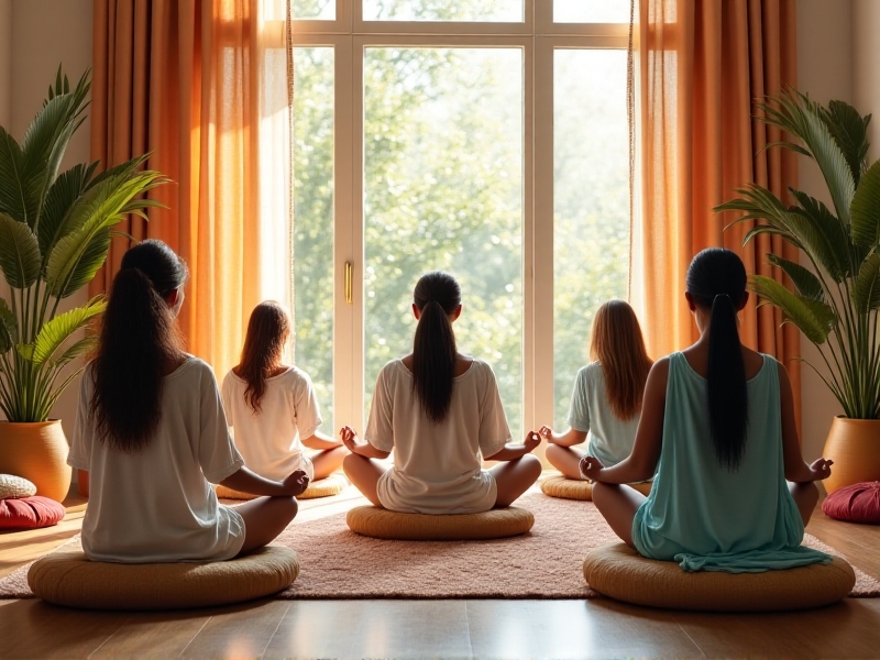 A diverse group of people meditating and practicing mindfulness in a peaceful wellness studio, with natural light filtering through large windows, symbolizing the target audience for premium float services.